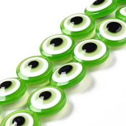 Lime Resin Imitation Lampwork Beads Strands, Flat Round with Evil Eye, Lime, 20x9mm, Hole: 1.4mm, about 20pcs/strand, 15.94 inch(40.5cm)
