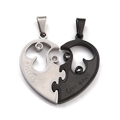 Mixed Color Titanium Steel Couple Pendants, Split Pendants, with Crystal Rhinestone, for Valentine's Day, Heart with Word, Electrophoresis Black & Stainless Steel Color, 30.5x32x2.5mm, Hole: 7x3.5mm