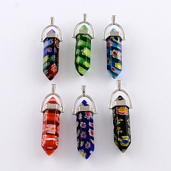 Mixed Color Millefiori Glass Pendants with Alloy Findings, Platinum, Mixed Color, 40~42x8x8mm, Hole: 2mm