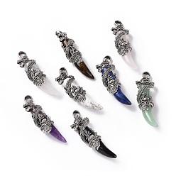 Mixed Stone Natural Gemstone Pendants, with Antique Silver Tone Alloy Dragon, 61~65x20.5~21x16mm, Hole: 7x6.5mm