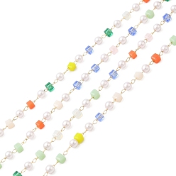 Colorful Faceted Cube Glass & ABS Plastic Imitation Pearl Beaded Chains, with Light Gold 304 Stainless Steel Findings, Soldered, Colorful, 4x2.5mm, 4x2.5x2.5mm