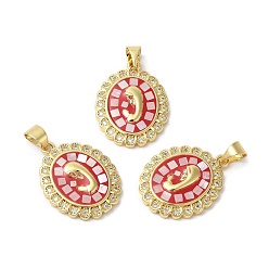 Crimson Oval with Virgin Face Brass Micro Pave Cubic Zirconia Pendants, with Enamel & Shell, Long-Lasting Plated, Lead Free & Cadmium Free, Real 18K Gold Plated, Crimson, 22x17x3mm, Hole: 5.5x4mm