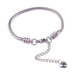 Stainless Steel Color 304 Stainless Steel European Snake Chains Bracelets, with Lobster Claw Clasp and Heart Charms, Stainless Steel Color, 190x3mm, 1strand/bag