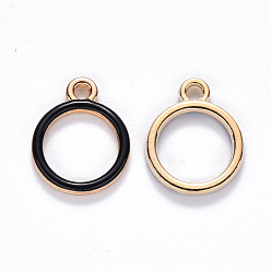 Black Alloy Enamel Pendants, Round Ring, Light Gold, Black, 16x13x2mm, Hole: 1.8mm