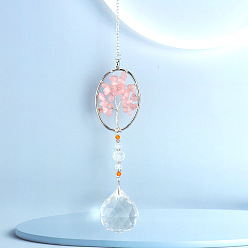 Oval Crystals Hanging Pendants Decoration, with Natural Rose Quartz Chips and Alloy Findings, for Home, Garden Decoration, Oval, 230mm