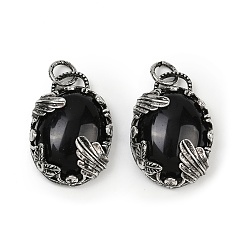 Обсидиан Природные подвески обсидиана, овальные подвески с латунной оправой, античное серебро, 30.5~31x21~21.5x8~8.5 мм, отверстие : 5.5 мм