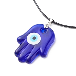 Palm Blue Lampwork Evil Eye Pendant Necklace with Waxed Cord for Women, Palm Pattern, Pendant: 57x36x6mm, 17.64~17.72 inch(44.8~45cm)