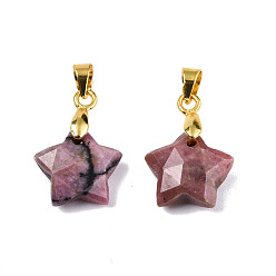 Rhodonite Natural Rhodonite Charms, with Golden Plated Brass Findings, Faceted Star, Star: 12x12.5x5.5mm, Hole: 3.5x4mm