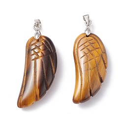 Tiger Eye Natural Tiger Eye Pendants, with Platinum Plated Brass Loops, Wing, 36x15~16.6x6.5~7.7mm, Hole: 5x4mm