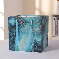 Dark Turquoise Marble Pattern Kraft Paper Bags, with Ribbon Handles, Gift Bags, Shopping Bags, Square, Dark Turquoise, 20x20x20cm