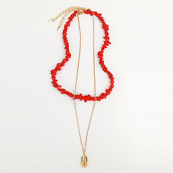 N1903-2 Red Double Layer Seashell and Pearl Necklace - Minimalist Beach Jewelry for Women