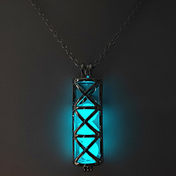 Cyan Alloy Column Cage Pendant Necklace with Luminous Beads, Glow In The Dark Jewelry for Women Men, Cyan, 23.62 inch(60cm)