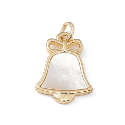 Light Gold Natural White Shell Pendants, with Brass Findings and Jump Ring, Christmas Bell Charms with Bowknot, Light Gold, 19x13.5x2mm, Hole: 3.3mm