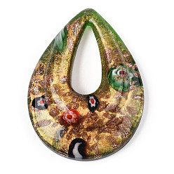 Verde Hecho a mano de oro de arena de cristal de murano colgantes grandes, dentro de millefiori vidrio, lágrima, verde, 52.5x39x12 mm, agujero: 25x10 mm