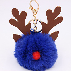 Blue Christmas Deer Antler Pom-Pom Keychain with Plush Elk Charm for Women's Handbag Gift