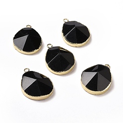 Black Agate Natural Black Agate Pendants, with Brass Findings, Faceted, Drop, Golden, 31~35x20~25x7~9mm, Hole: 2.5mm
