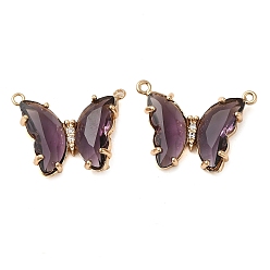 Purple Brass Pave Faceted Glass Connector Charms, Golden Tone Butterfly Links, Purple, 17.5x23x5mm, Hole: 0.9mm