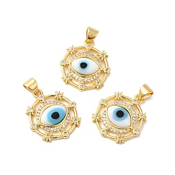 White Handmade Evil Eye Lampwork Pendants, with Brass Cubic Zirconia Finding, Cadmium Free & Lead Free, Real 18K Gold Plated, Flat Round Charm, White, 20.5x17.5x3.3mm, Hole: 3x4.3mm