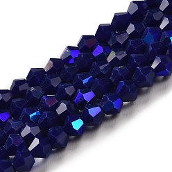 Dark Blue Opaque Solid Color Imitation Jade Glass Beads Strands, AB Color Plated, Faceted, Bicone, Dark Blue, 4x4mm, Hole: 0.8mm, about 87~98pcs/strand, 12.76~14.61 inch(32.4~37.1cm)