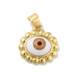 Saddle Brown Brass Pendants, with Acrylic, Cadmium Free & Lead Free, Long-Lasting Plated, Oval with Evil Eye, Real 18K Gold Plated, Saddle Brown, 16x16.5x5.5mm, Hole: 4x3.5mm