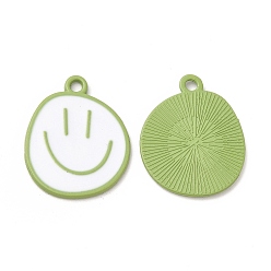 Lime Green Spray Painted Alloy Pendants, Cadmium Free & Nickel Free & Lead Free, Flat Round with Smiling Face Pattern Charm, Lime Green, 25x20x1.5mm, Hole: 2mm