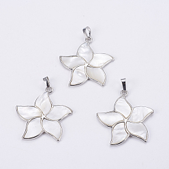 White Shell Natural White Shell Mother of Pearl Shell Pendants, with Platinum Tone Brass Bail, Flower, 41~41.5x38x2~3mm, Hole: 5x8mm