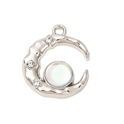 Platinum Alloy & Resin & Rhinestone Pendants, Crescent Moon Charms, with Iron Loops, Platinum, 19.5x16.5x5mm, Hole: 1.6mm