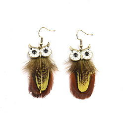 Gold Feather Owl Dangle Earrings, Gold Plated Alloy Jewelry for Women, Gold, 60x20mm
