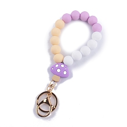 Medium Orchid Mushroom Silicone Beaded Wristlet Keychain, with Iron Findings, for Women Car Key or Bag Decoration, Medium Orchid, 17cm