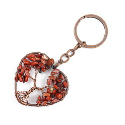 Red Jasper Natural Red Jasper Pendant Keychains, with Brass Findings and Alloy Key Rings, Heart with Tree of Life, 10.7cm