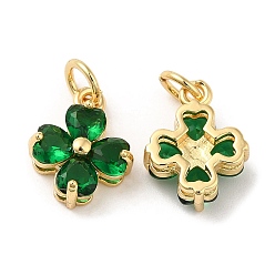 Green Brass Pendants, with Cubic Zirconia, Lead Free & Cadmium Free, Clover Charms, Real 18K Gold Plated, Green, 13x10x5mm, Hole: 3.4mm