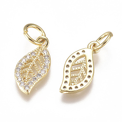 Real 18K Gold Plated Brass Micro Pave Cubic Zirconia Charms, with Jump Ring, Long-Lasting Plated, Leaf, Clear, Real 18K Gold Plated, 13x6x1mm, Hole: 3mm