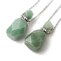 Green Aventurine Openable Faceted Natural Green Aventurine Perfume Bottle Pendant Necklaces for Women, 304 Stainless Steel Cable Chain Necklaces, Stainless Steel Color, 18.54 inch(47.1cm)