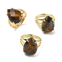 Тигровый глаз Латунные манжеты с открытыми кольцами, с натуральным тигровый глаз, слеза, граненые, стойки покрытие, долговечный, золотые, 18 мм