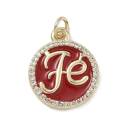 Красный Латунные микро проложить кубического циркония подвески, плоский круглый со словом fe, с эмалью, стойки покрытие, долговечный, без свинца и без кадмия, реальный 18 k позолоченный, с целью перехода в кольце, красные, 19x16x2.5 мм, отверстие : 3.2 мм