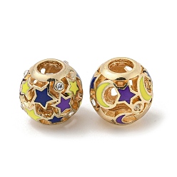 Golden Alloy Enamel European Beads, with Rhinestone, Large Hole Beads, Round with Star & Moon, Golden, 14x12.5mm, Hole: 5mm
