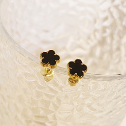 Black Golden 304 Stainless Steel Flower Stud Earrings with Natural Shell, Black, 9mm