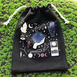 Moon Rectangle Printed Polyester Storage Bags, Drawstring Pouches Packaging Bag, Black, Moon, 18x13cm