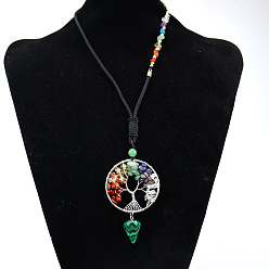 Mixed Stone Chakra Themed Natural & Synthetic Mixed Gemstone Chips Beaded Tree of Life Pendant Necklaces, Platinum Brass Wire Wrap Necklace with Mixed Stone Chips, 25.98 inch(66cm)