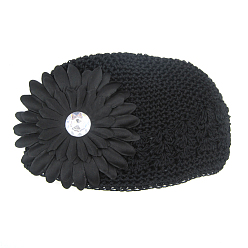Black Handmade Crochet Baby Beanie Costume Photography Props, with Cloth Flowers, Black, 180mm