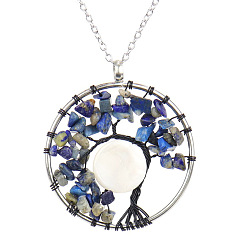 Lapis Lazuli Natural Lapis Lazuli Chips Tree of Life Pendant Necklaces, Brass Wire Wrap Necklace with Alloy Chains, 20.47 inch(52cm)