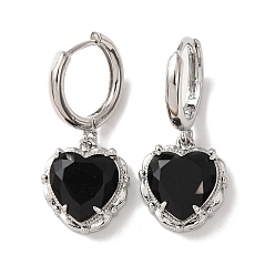 Черный Серьги-кольца в форме сердца из латуни и стекла ко Дню святого Валентина, без свинца и без кадмия, долговечный, стойки покрытие, платина, чёрные, 28x12.5 мм
