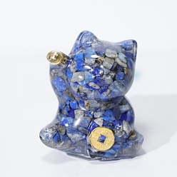 Lapis Lazuli Décorations d'exposition artisanales en puces de lapis-lazuli naturelles et en résine, figurine de chat porte-bonheur, pour la maison ornement feng shui, 63x55x45mm