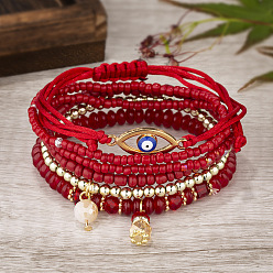 SL1001-Red Multi-layered Handmade Beaded Elastic Bracelet with Eye-catching Charm for Women