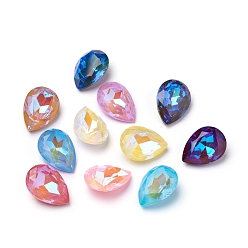 Mixed Color Glass Rhinestone Cabochons, Mocha Fluorescent Style,  Pointed Back, Faceted, Teardrop, Mixed Color, 18x13x7mm