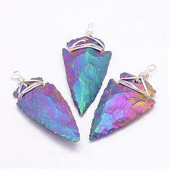 Multi-color Plated Electroplated Quartz Crystal Big Pendants, with Brass Finding, Arrowhead, Silver Color Plated, Multi-color Plated, 47~72x20~32x6~12mm, Hole: 4mm