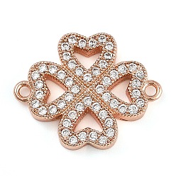 Розовое Золото Стойка покрытие латунь микропаве прозрачный кубический цирконий клевер соединительные подвески, долговечный, без свинца и без кадмия, розовое золото , 16x19.5x2.5 мм, отверстие : 1.2 мм