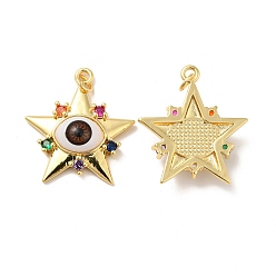 Sienna Brass Micro Pave Colorful Cubic Zirconia Pendants, with Resin, Real 18K Gold Plated, Star with Evil Eye, Sienna, 32x29.5x7mm, Jump Ring: 6x1mm, Inner Diameter: 4mm