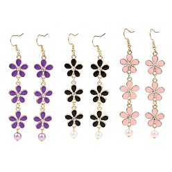 (52) Непрозрачная лаванда 3 пары 3 цвета цинковый сплав эмаль цветок серьги подвески, со стеклянным жемчугом и 304 крючками для сережек из нержавеющей стали, золотые, разноцветные, 88x16 мм, 1 пара / цвет