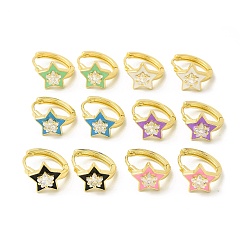Mixed Color Enamel Star Hoop Earrings with Clear Cubic Zirconia, Real 18K Gold Plated Brass Jewelry for Women, Cadmium Free & Nickel Free & Lead Free, Mixed Color, 15.5x17.5x2.5mm, Pin: 1mm
